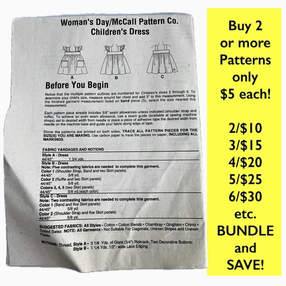 Vintage McCall Childs Dress Pattern from Woman’s Day Magazine- NEW- Uncut